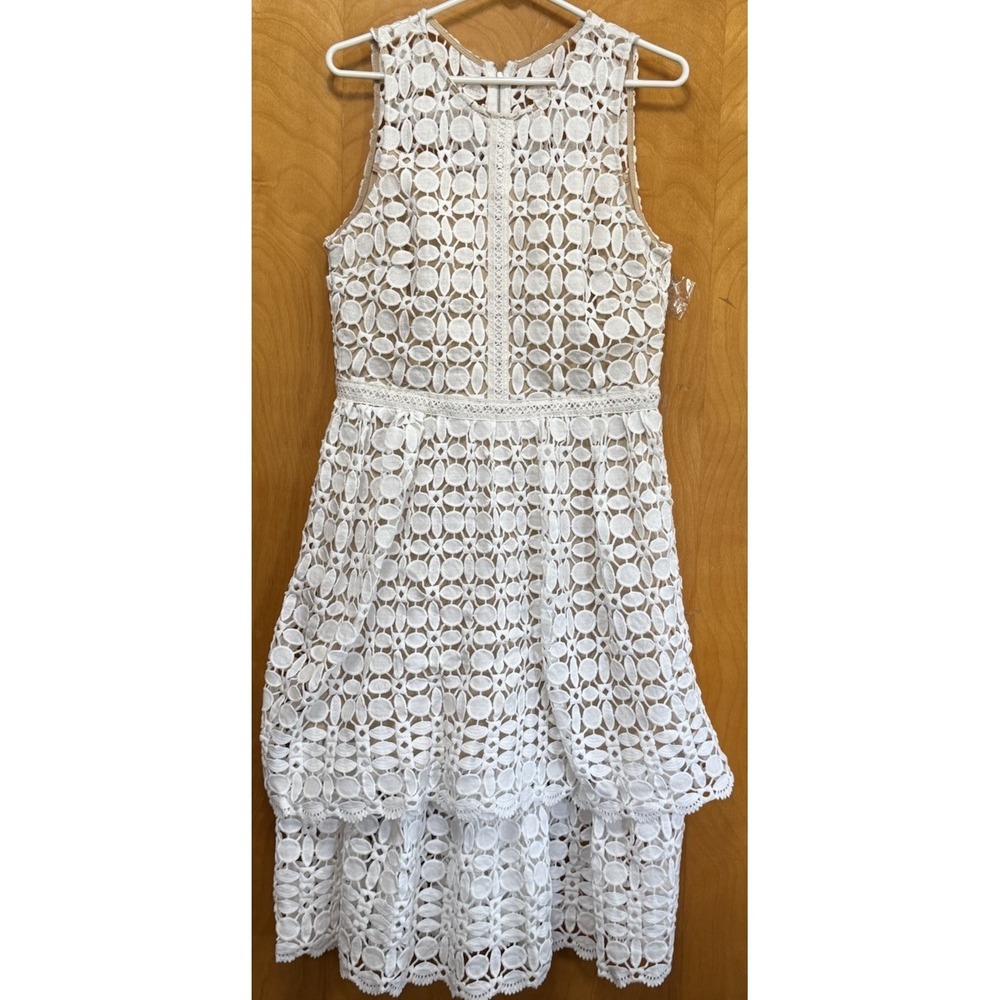 Ryan Michelle Lace Overlay Embroidered Tiered Midi Dress Back Zip‎ Lined White L